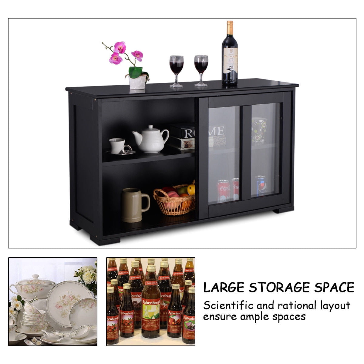 Costway Storage Cabinet Sideboard Buffet Cupboard Glass Sliding Door Pantry Kitchen Black