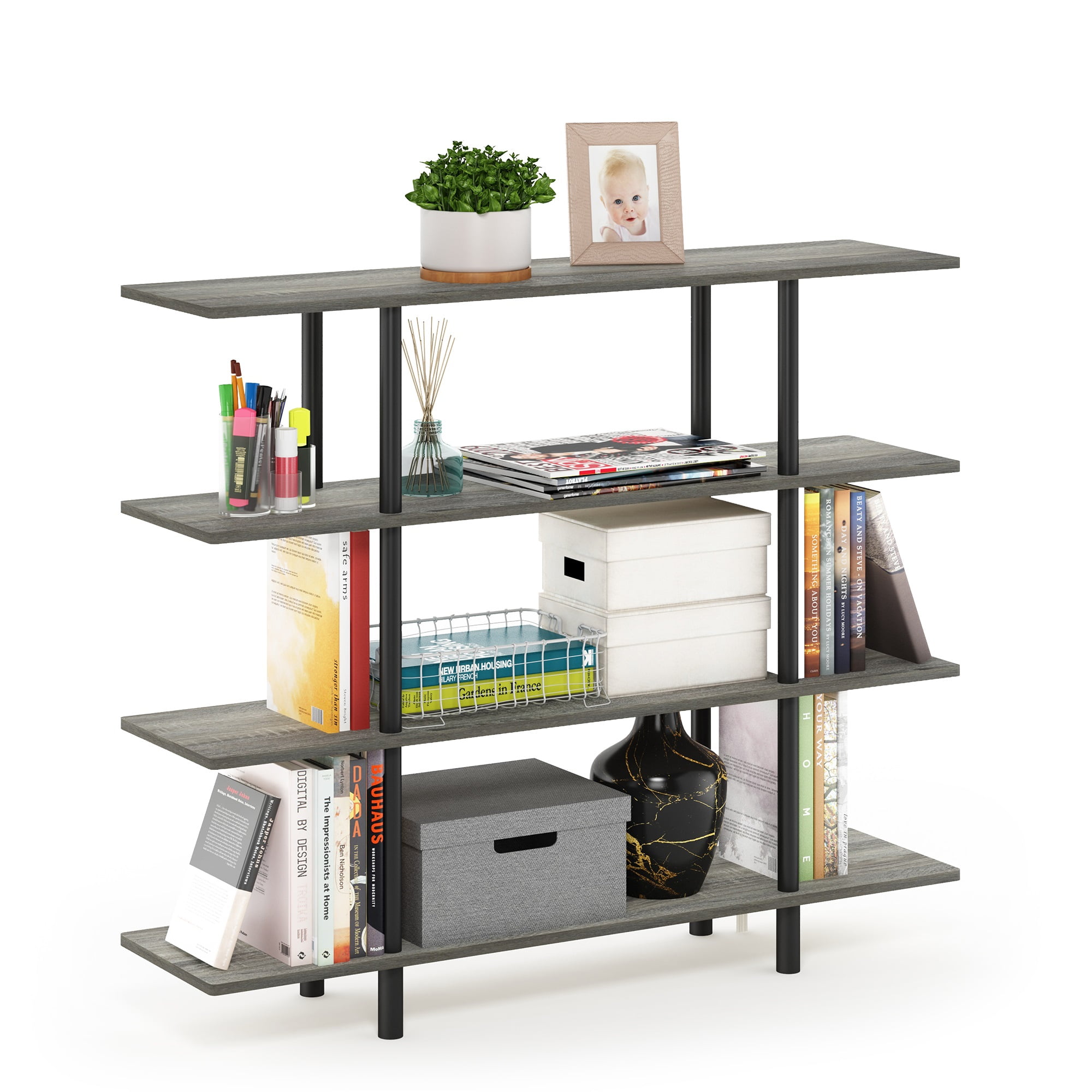 Furinno Turn-N-Tube 4-Tier Wide Display Shelf, French Oak/Black