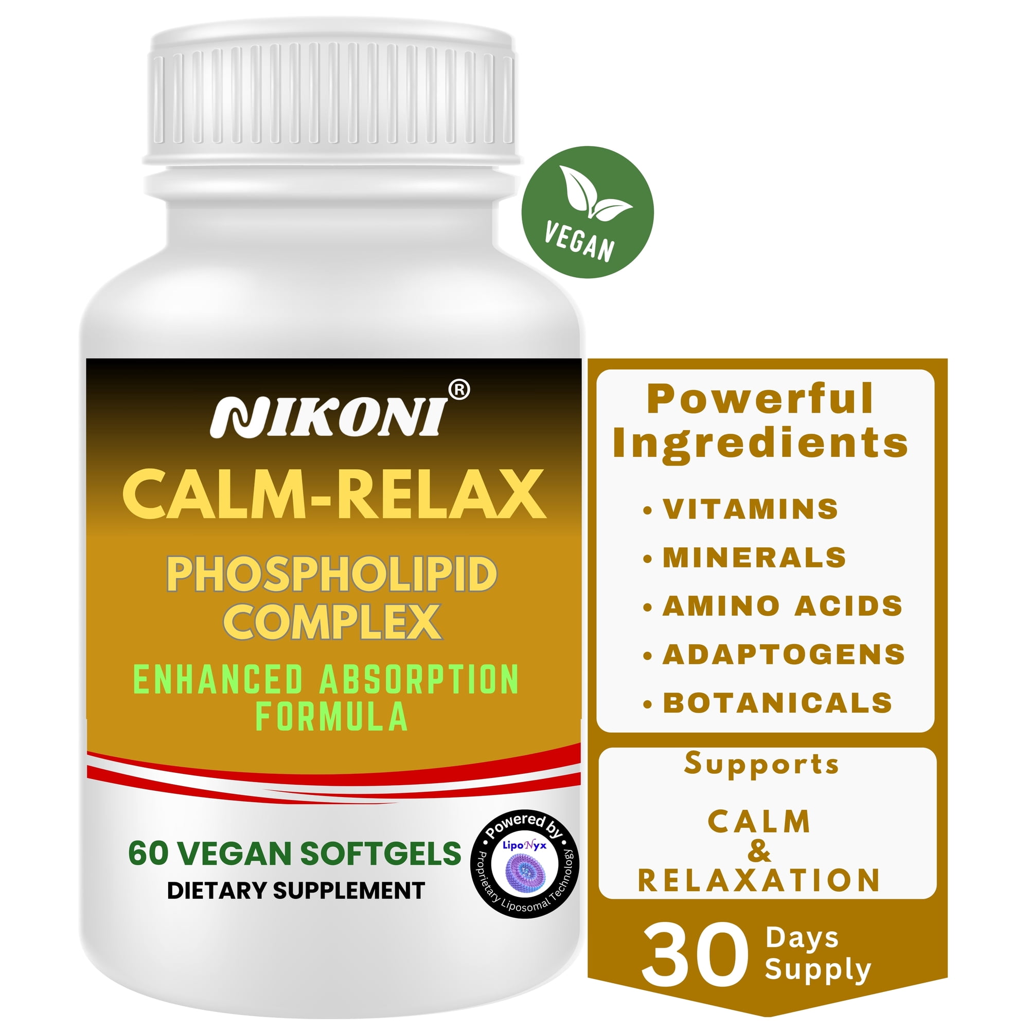 Nikoni Calm Relax Phospholipid Complex Enhanced Absorption Formula Stress Support Vegan Softgels 60