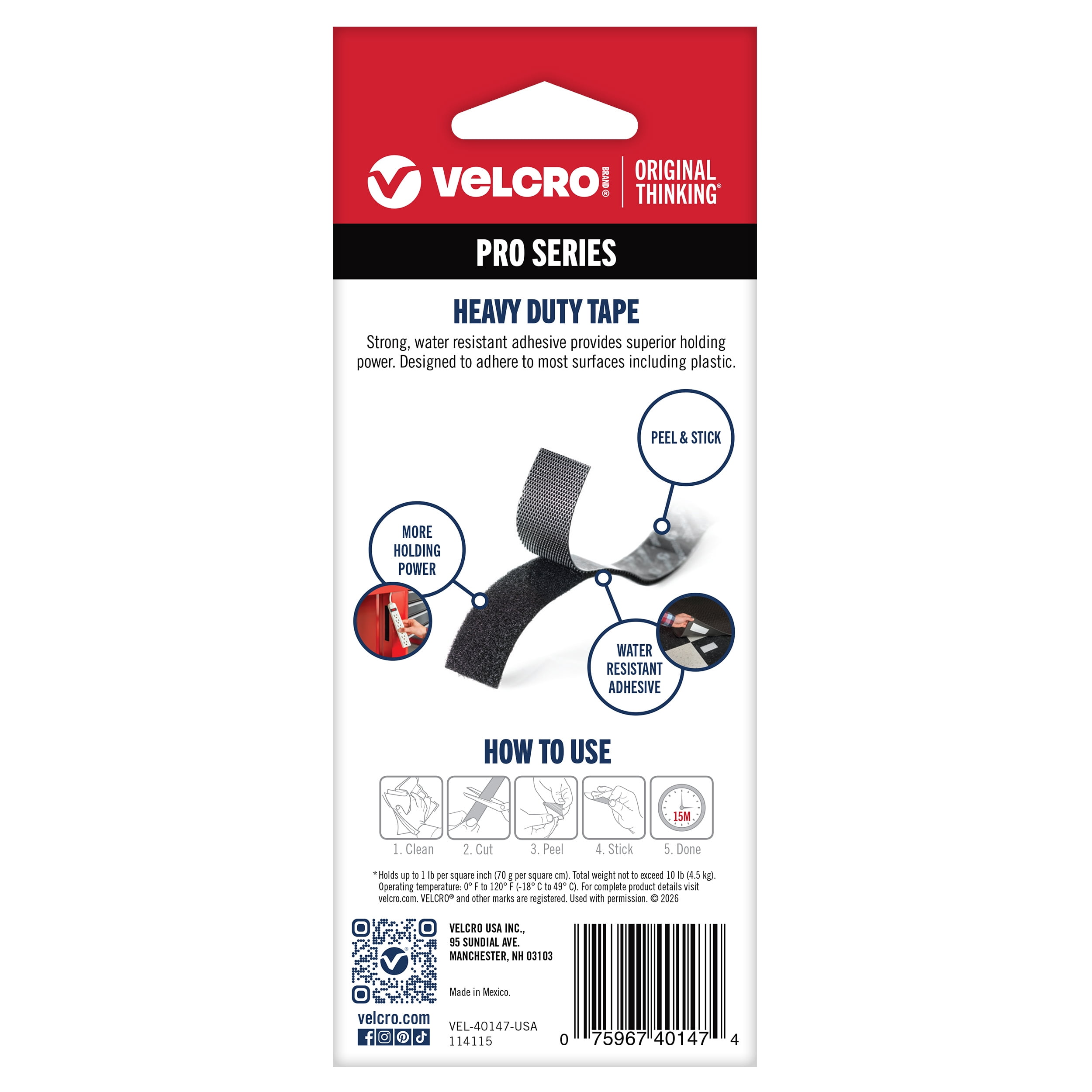 VELCRO® Brand PRO Series Heavy Duty, Holds up to 10 lbs, 36in x 1in Tape Black
