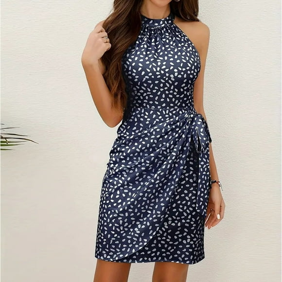 FcBaudy Sleeveless Round-Neck Dress,Summer Dresses for Women,Womens Dresses Women's Summer Polka Pleated Strapless Sleeveless Waist Hanging Neck Dress Women Dress