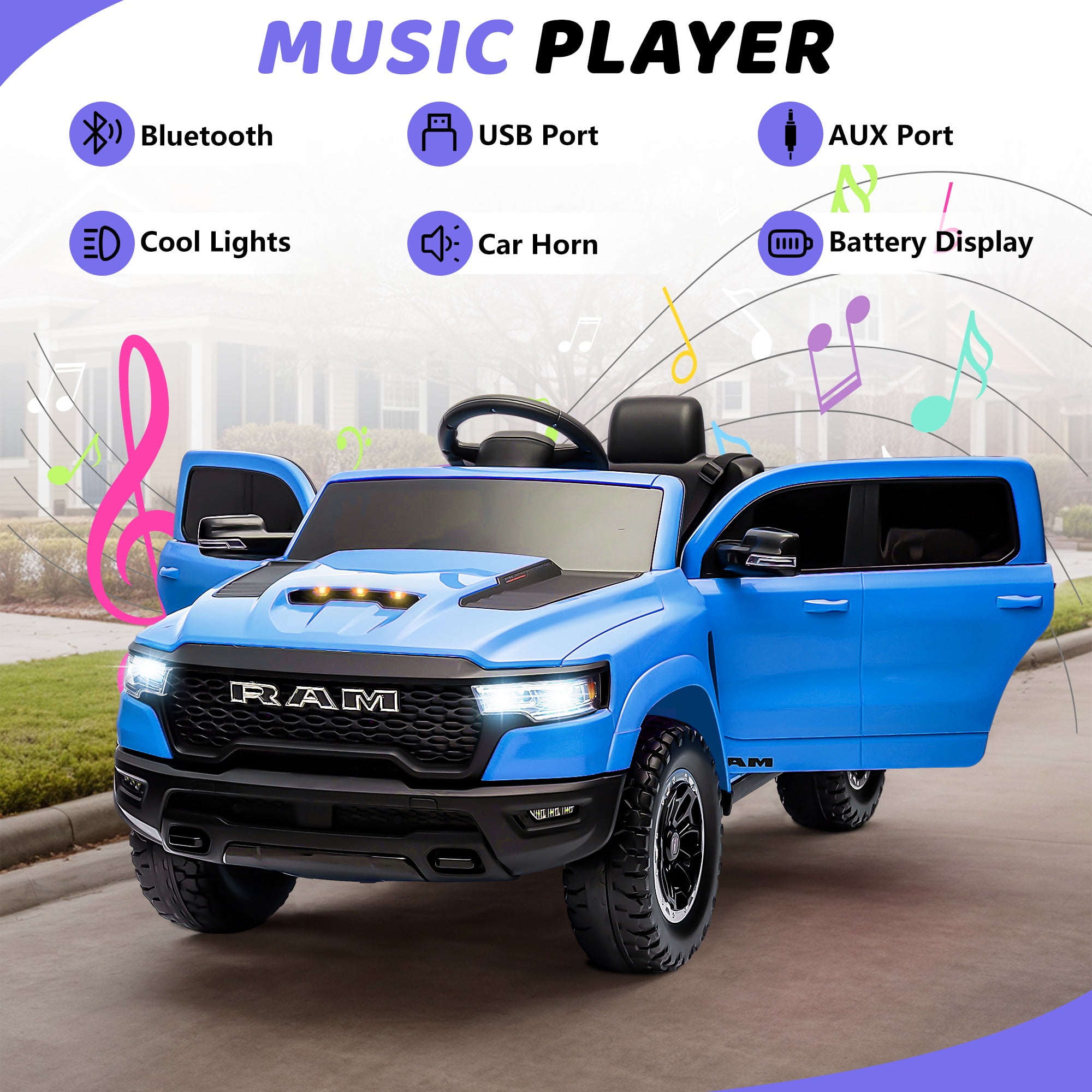 RAM 1500 Ride on Car Toy for Kids, 12V Powered Ride on Truck Toy with Remote Control, 4 Wheel Suspension, Safety Belt, Music, Bluetooth, LED Lights, Electric Cars for 3-5 Yrs Boy Girl, Blue
