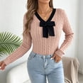 thumbnail image 4 of QIYAGBSA Womens V Neck Sweater Cable Knit Contrast Bow Detail Long Sleeve Pullover Casual Fall Winter Top (Pink L), 4 of 8