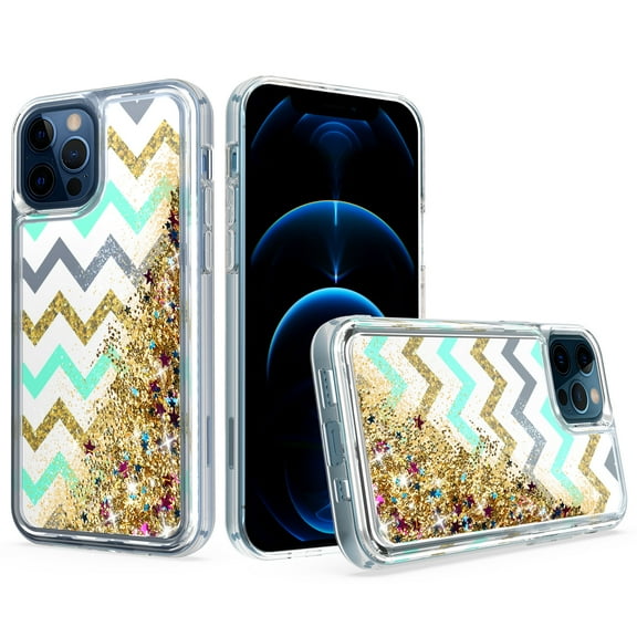 For Iphone 13 Pro Kaseault Liquid Quicksand Glitter Cover Case - Teal Gold Zigzag