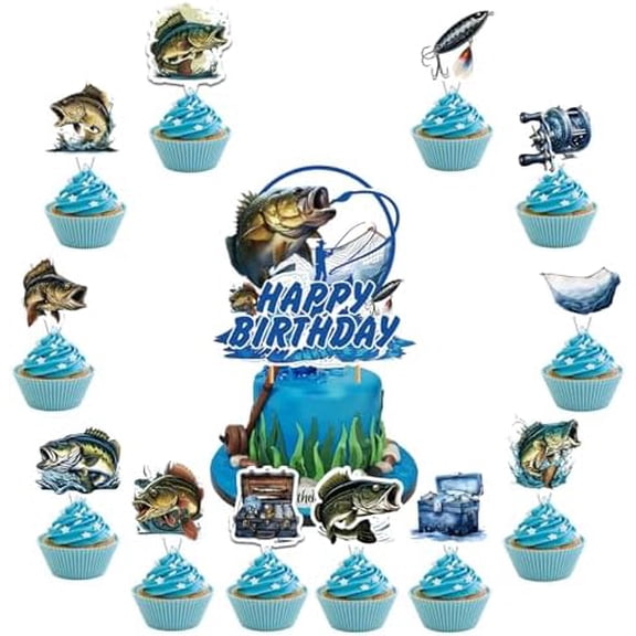 25 Pcs Gone Fishing Cake Topper Cupcake Toppers - Fishing Cake and Party Decorations - Birthday Party Supplies for Baby Shower$$Home Decor, Kitchen, & Other