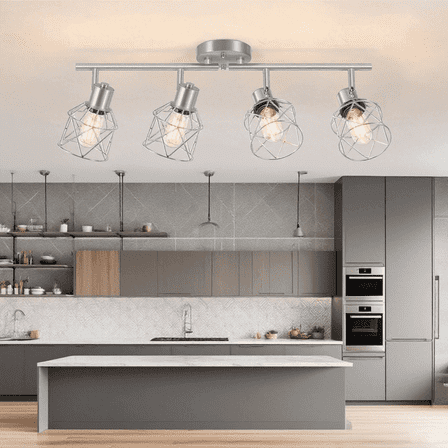 4-Light Kitchen Lighting Fixtures Multi-Directional Brushed Nickel Track Ceiling Light Semi Flush Mount Ceiling Spotlight with Wire Cages for Living Room, Bedroom, Hallway