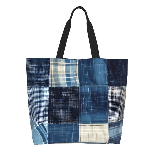 Lukts Couette Patchwork Indigo pour Femmes Sac de Courses à une Épaule, Sac de Rangement Imperméable Grande Capacité, Adapté pour le Travail, l'École, les Courses
