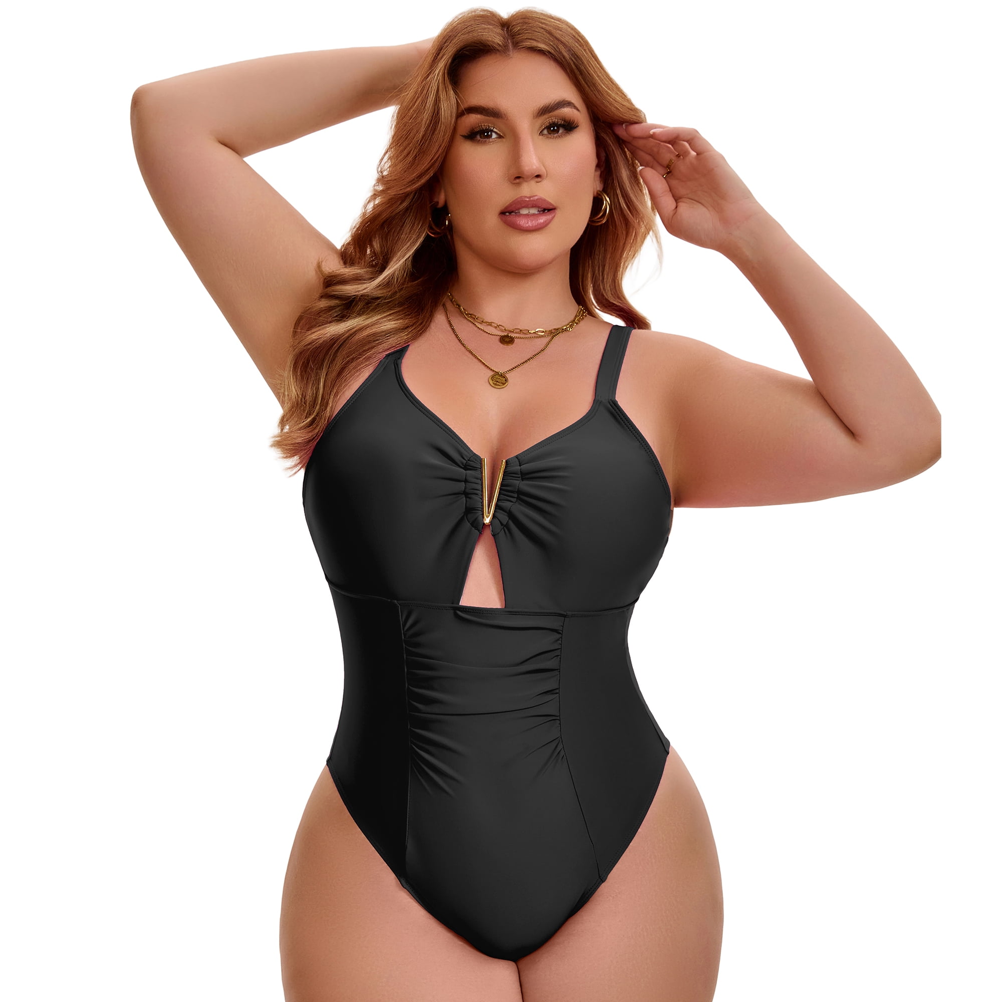 DARING DIVA Women's Plus 1 Piece V-Wire Cutout Push Swimsuit L Black