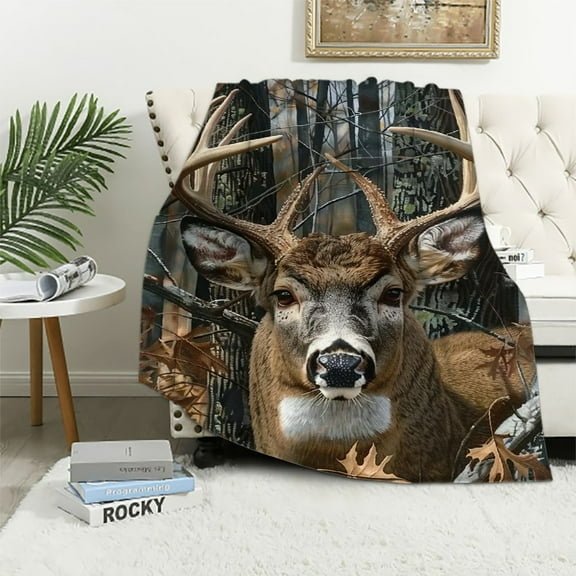 Nawypu  Camo Buck Deer Blanket for Bed,  Woodland Throw Blanket for Men, Women and Kids - Super Soft Plush Deer Blanket Throw