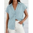 thumbnail image 4 of PRETTYGARDEN Womens Button Down Shirts V Neck Short Cap Sleeve Collared Plaid Tops Summer Spring Casual Blouses Clothes, 4 of 8