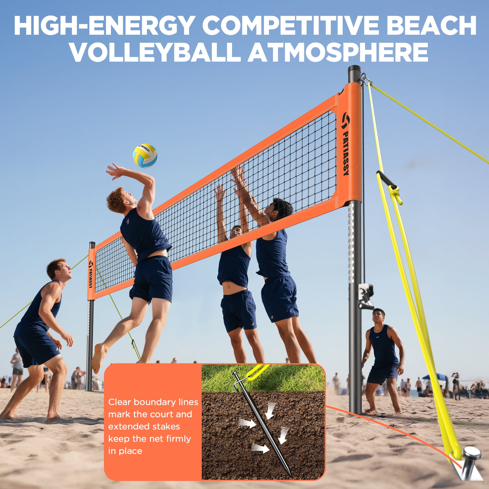 Patiassy Heavy Duty Professional Portable Volleyball Net for Backyard Outdoor with Adjustable Aluminum Poles Winch System Steel Stakes Anti-Sag Design Pump and 1680D Carry Bag for Beach Grass
