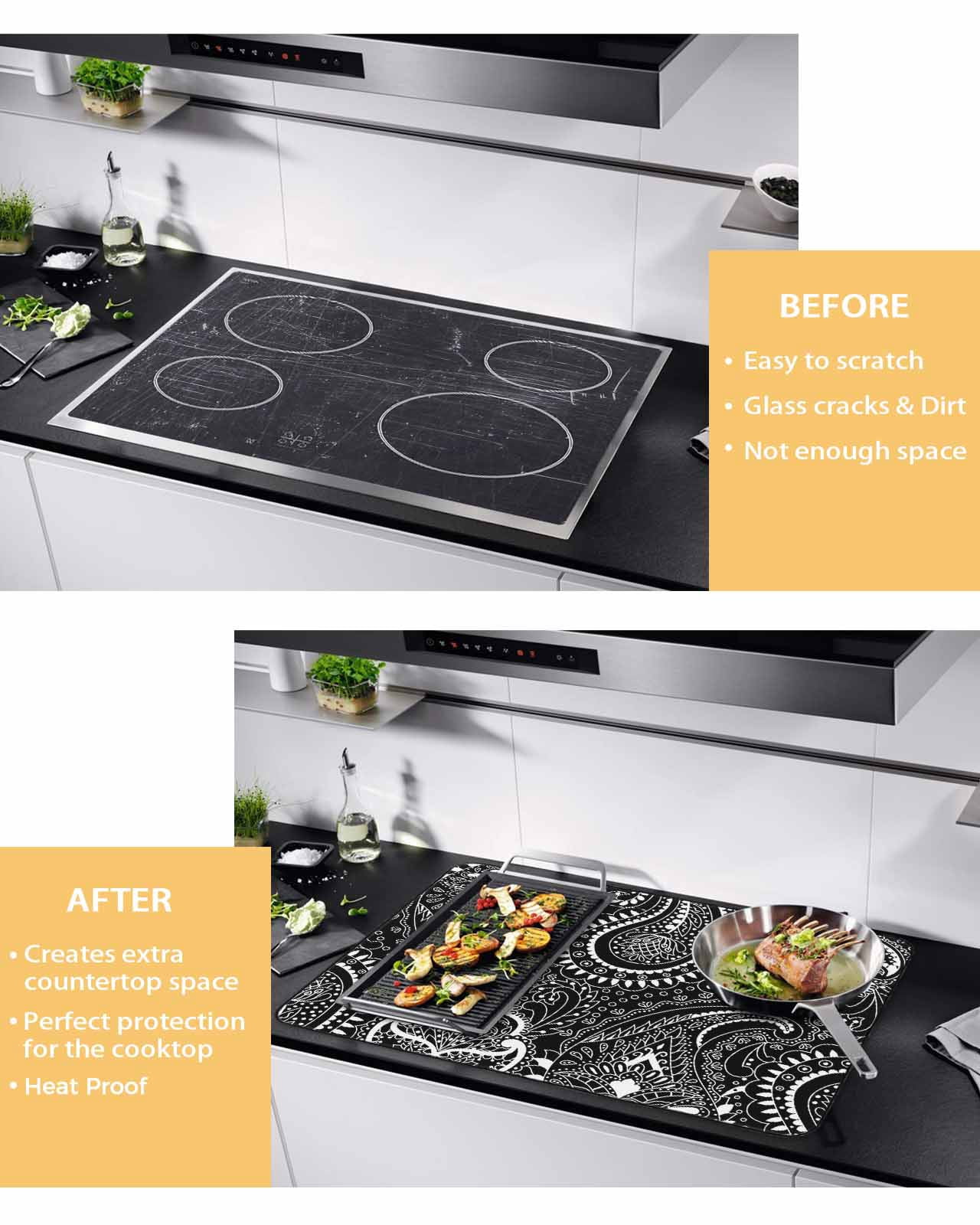 Large Induction Cooktop Protector Mat Black Pesley Flower Stove Top Covers for Electric Stove, Boho Vintage Ethnic Floral Plant Decorative Stove Burner Cover Mats, Glass Top Stove Cover