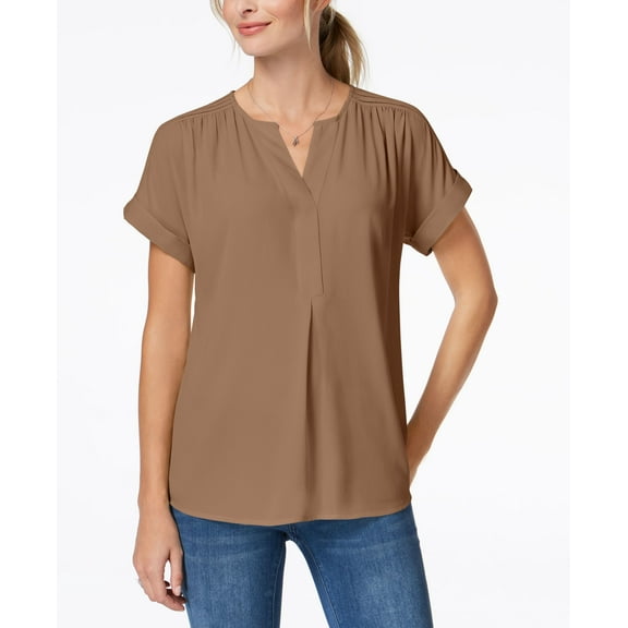 Charter Club Cuffed Sleeve Split Neck Top Iced Latte M