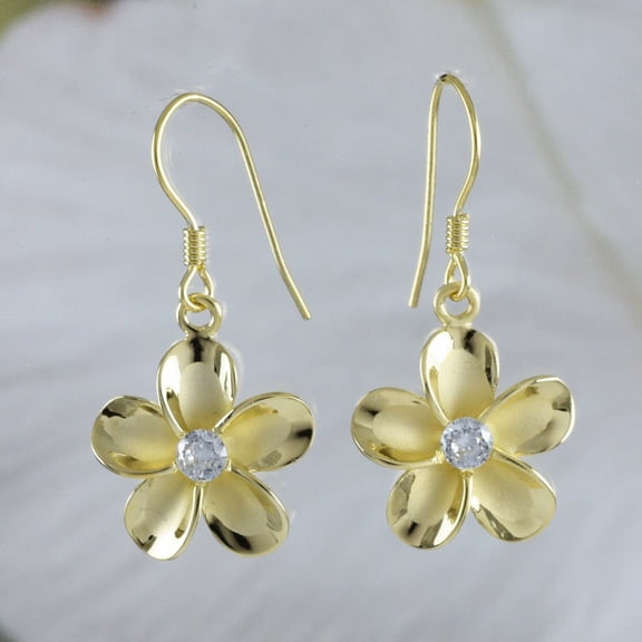 Beautiful Hawaiian Plumeria Earring, Sterling Silver Yellow-Gold Plated Plumeria Flower CZ Dangle Earring, E8896 Birthday Mom Valentine Gift