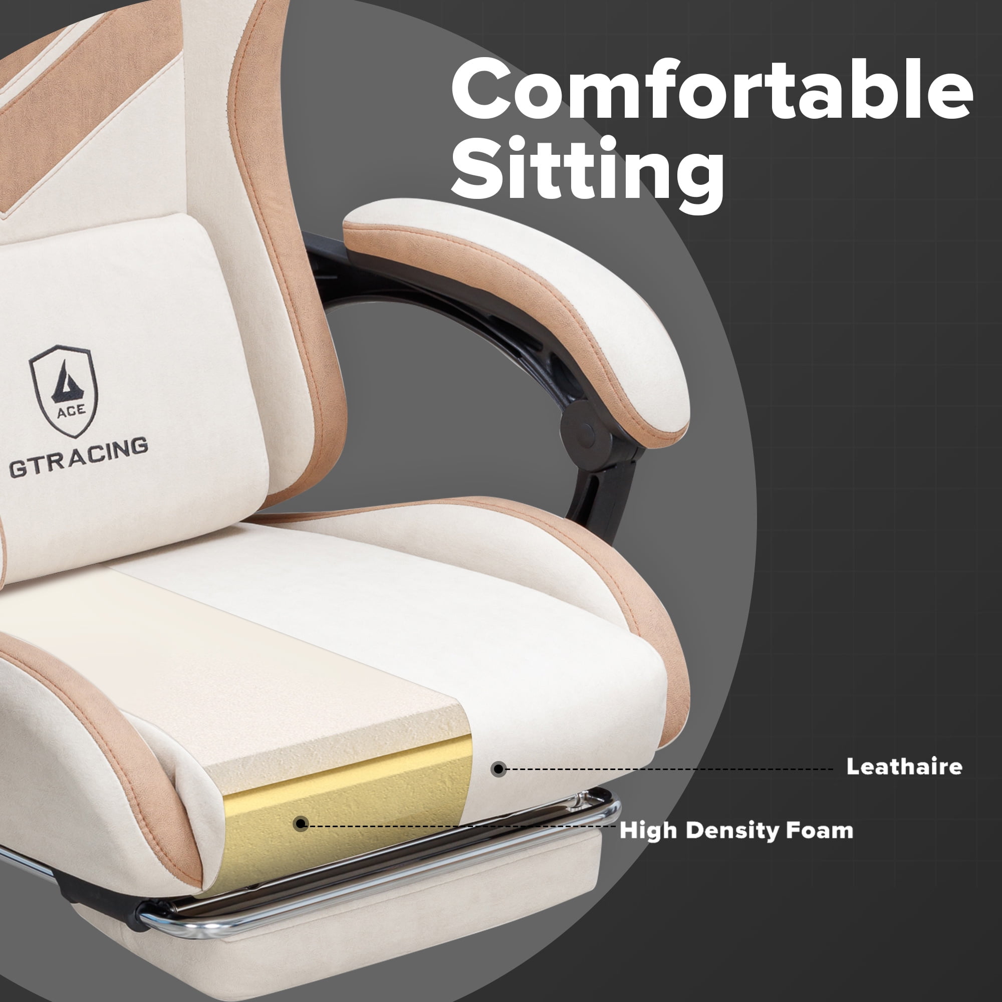 GTRACING Ergonimic Fabric Reclining Gaming Chair with Footrest and Linkage Armrests, Tan