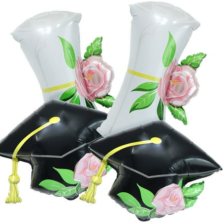 CYMYLAR Grad Balloon Kit – 4 Foil Balloons Floral Cap/Cert Party Decor for College/High School