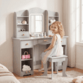 thumbnail image 4 of TLSUNNY Kids Vanity with Lights, Princess Makeup Vanity Desk W/ Open Bookshelf, Cabinet & Shelves, 2 in 1 Toddler Vanity Table & Chair Set, 4 of 12