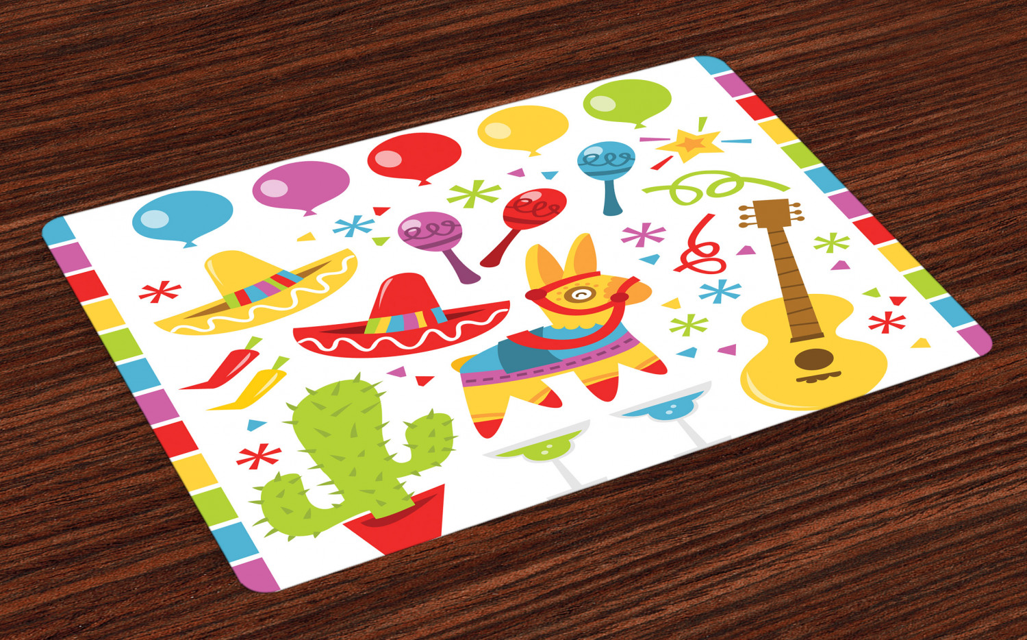 Fiesta Placemats Set of 4 Mexican Party Pattern Cactus Sombrero Musical