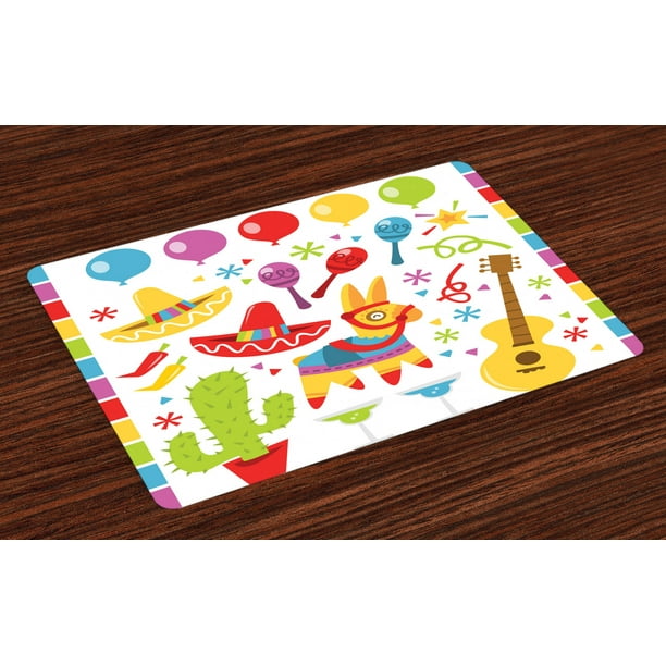 Fiesta Placemats Set of 4 Mexican Party Pattern Cactus Sombrero Musical