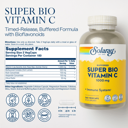ソラレー スーパーバイオビタミンC 1000mg 360粒 カプセル Solaray Super Bio VitaminC ヴィーガン 高吸収 元気