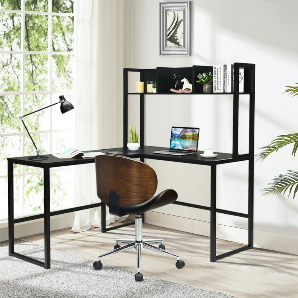 Demi Bonn Reversible L-Shaped Corner Desk with Storage Bookshelf, Small Home Office Desk Study Writing Table, Black