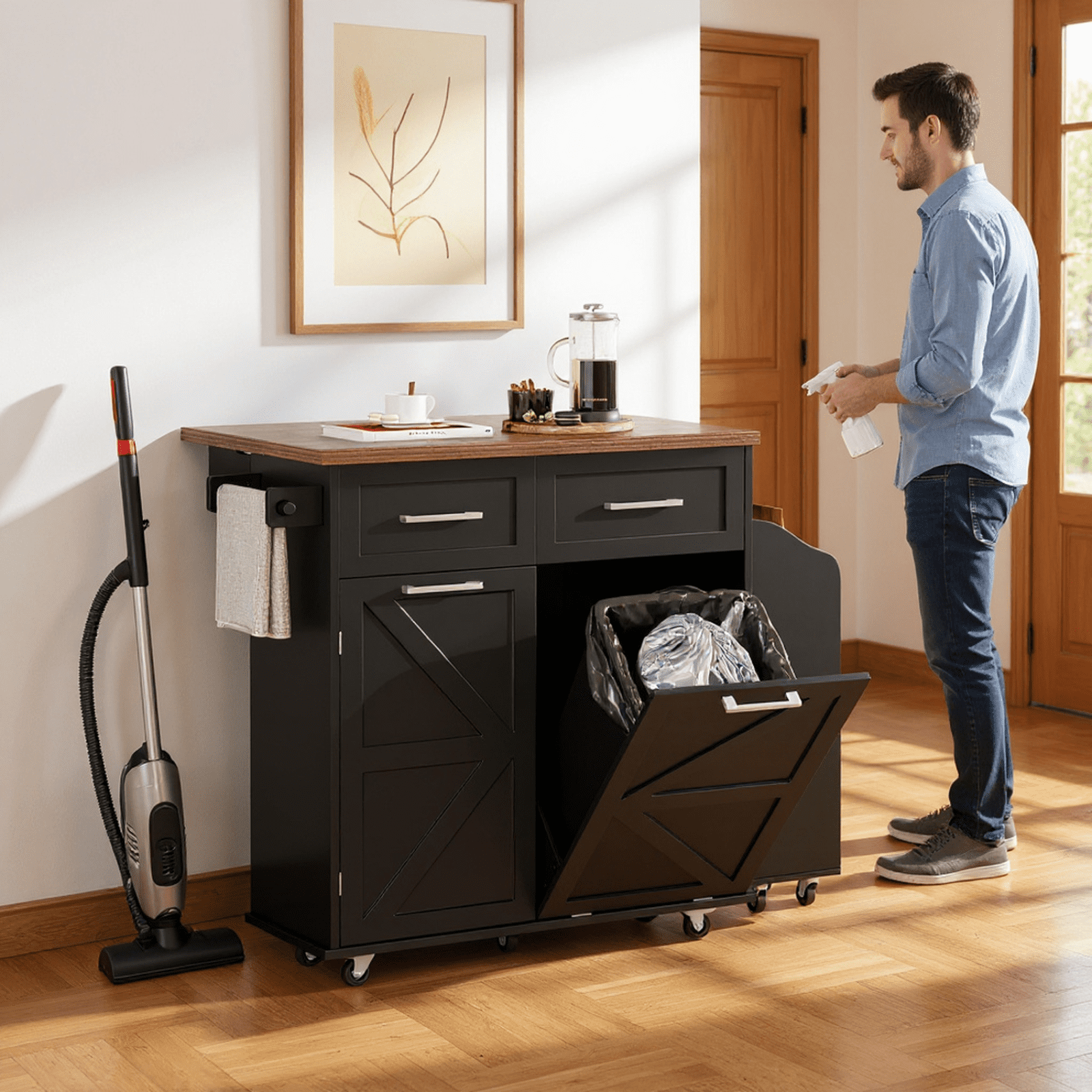 Homy Casa Multi-Function Rolling Utility Cart with Large Storage, Tilt-Out Trash Bin, Adjustable Shelves