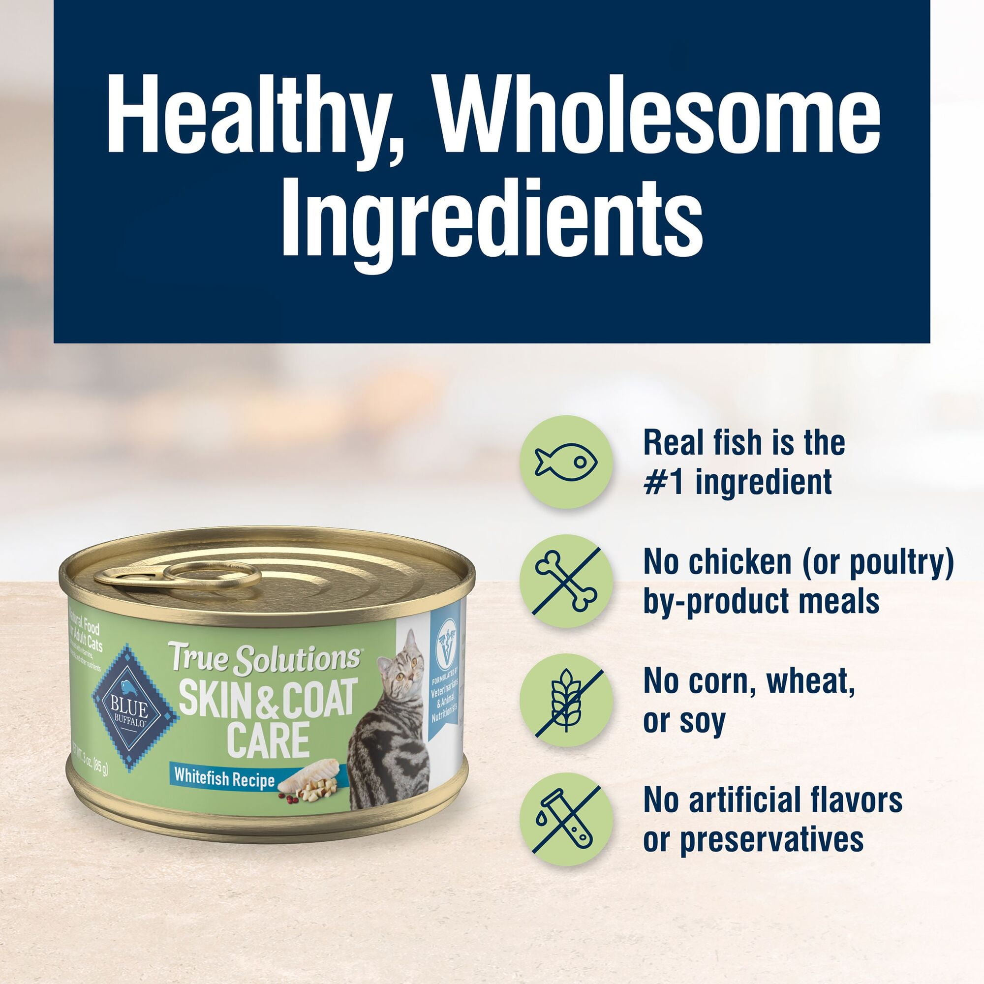 (6 pack) Blue Buffalo True Solutions Perfect Skin & Coat Natural Adult Wet Cat Food, Whitefish 3-oz Can