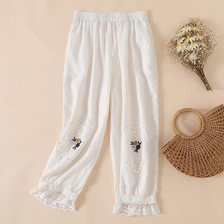 Diufon Lace Patchwork Pants for Women Printed Ruffle Hem Pants 
