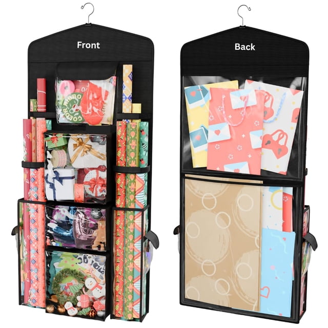 ProPik Organizador de almacenamiento de papel de regalo de doble cara colgante con múltiples bolsillos Organice su papel de regalo Bolsas de regalo Lazos Cintas 40 "X 17" Se adapta a rollos de 40 pulg