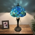 thumbnail image 6 of Tiffany Table Lamp Blue Green Stained Glass Crystal Beans LED Bulbs Included For Living Room Bedroom Bedside 12"W*12"D*22"H, 6 of 6