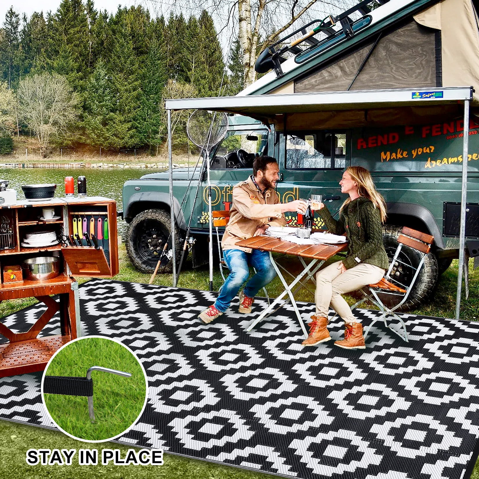 Twister.CK 9x18' Waterproof Outdoor Rug, Reversible Plastic Patio Rugs with Storage Bag, Portable Modern Indoor Outdoor Carpet for Camping, Balcony Deck Backyard, Black & White