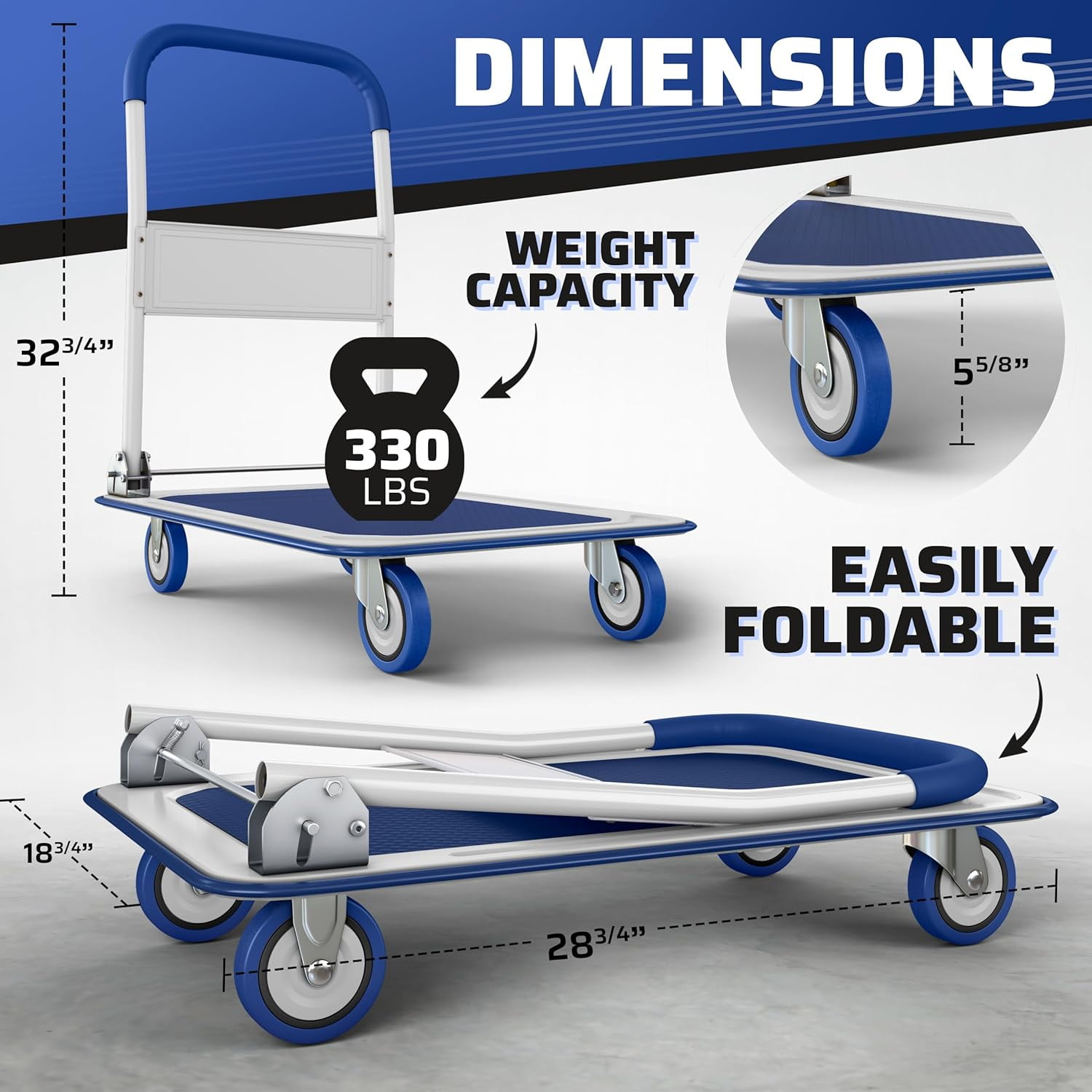 Lifetime Appliance Parts Upgraded Foldable Push Cart Dolly | 330 lbs. Capacity Moving Platform Hand Truck | Heavy Duty Space Saving Collapsible | Swivel Push Handle Flat Bed Wagon - (Blue)