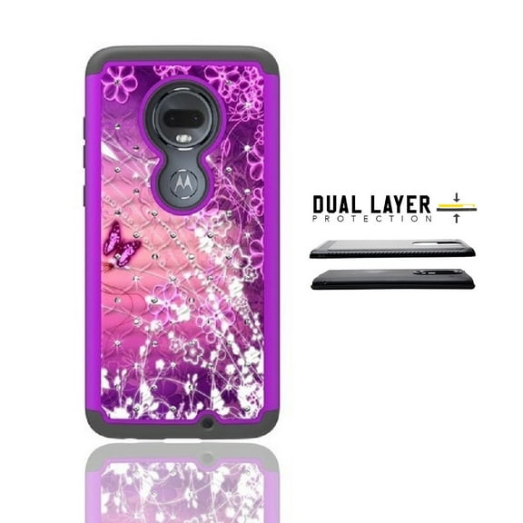 Phone Case for T-Mobile REVVLRY   / REVVLRY Plus, Studded Rhinestone Diamond Bling Shockproof Cover Case [Not fit: T-Mobile Motorola Revvlry, Revvl Plus, Revvl 2 Plus] (Dark- purple butterfly)