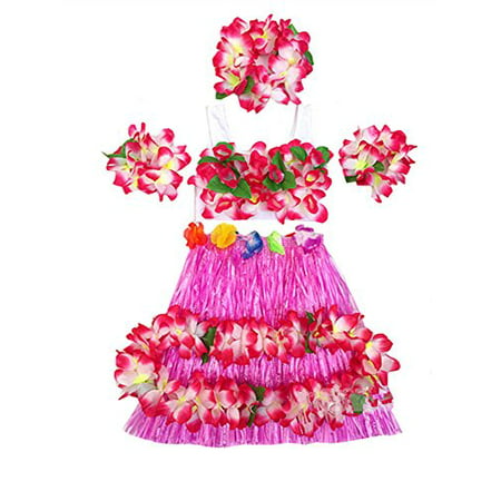 Kids Girl's Elastic Hawaiian Hula Dancer Grass Skirt with Top and Hawaiian Flower Costume Set