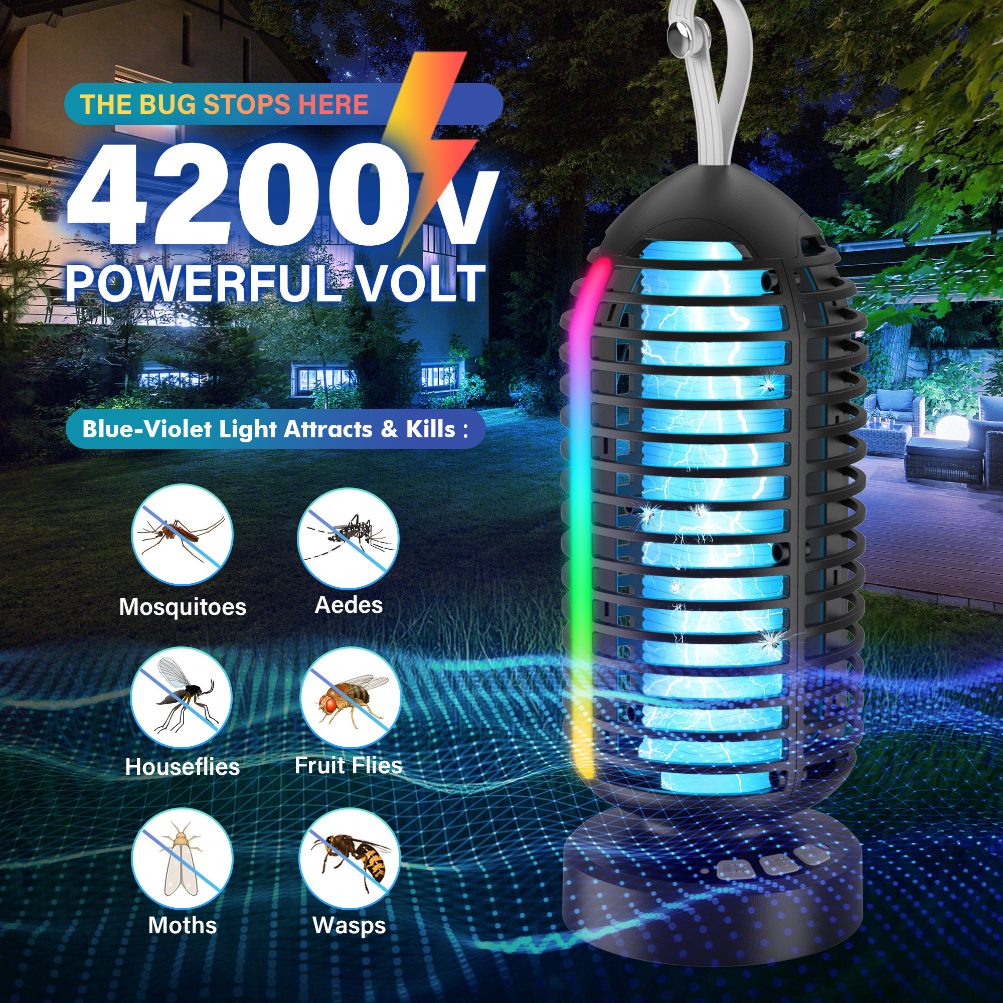 AENKYO Electric Bug Zapper Outdoor, Fly Mosquito Killer Lamp with Color Changing LED Light for Patio, Camping, Black, 2 Pcs