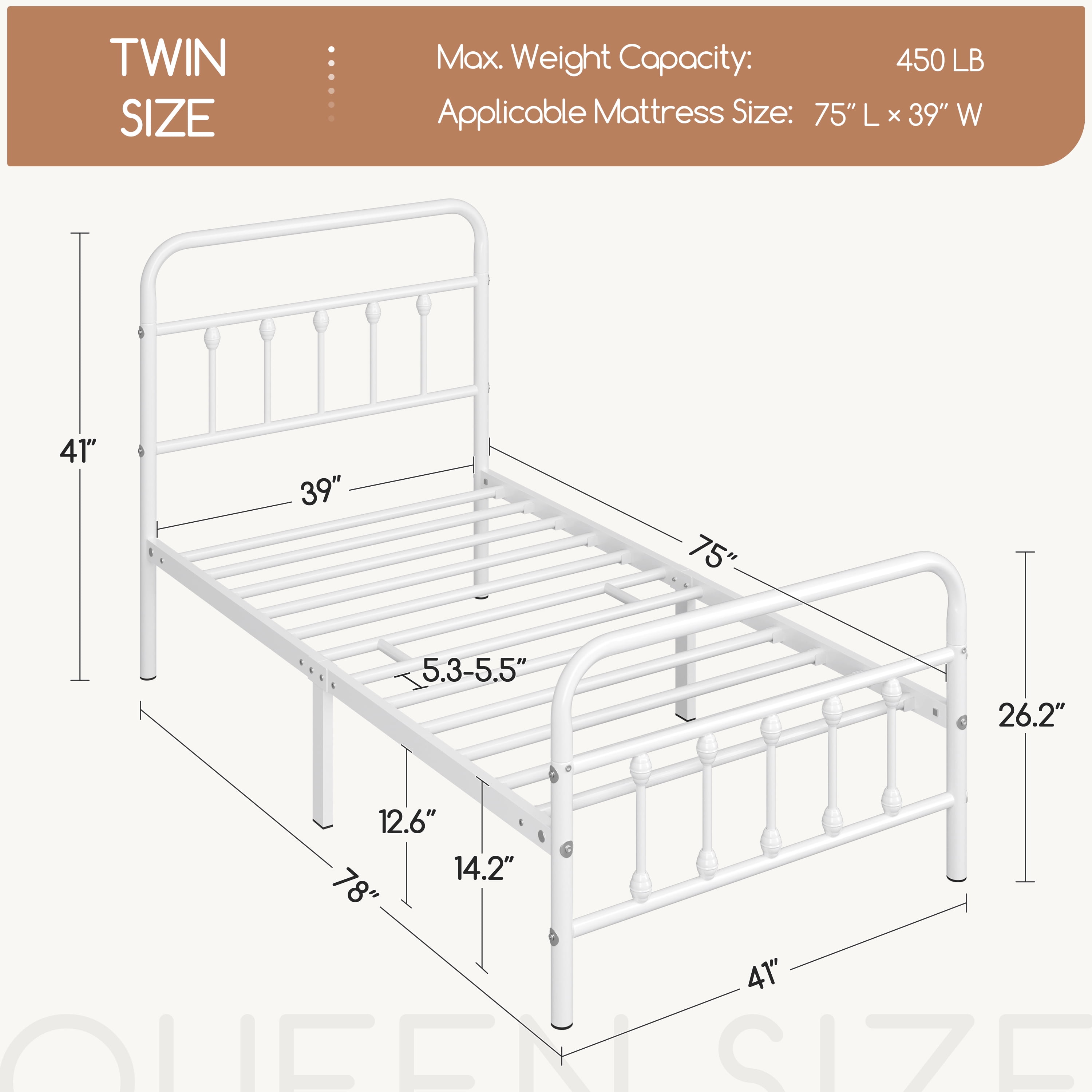 Alden Design Twin Size Classic Iron Platform Bed with High Headboard and Footboard, White