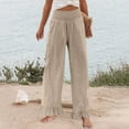 thumbnail image 2 of XIAONU Women's Ruffle Hem Wide Leg Pants Smocked High Waist Side Pocket Design Trousers Lightweight Boho Style Casual Bottoms Beige, 2 of 6