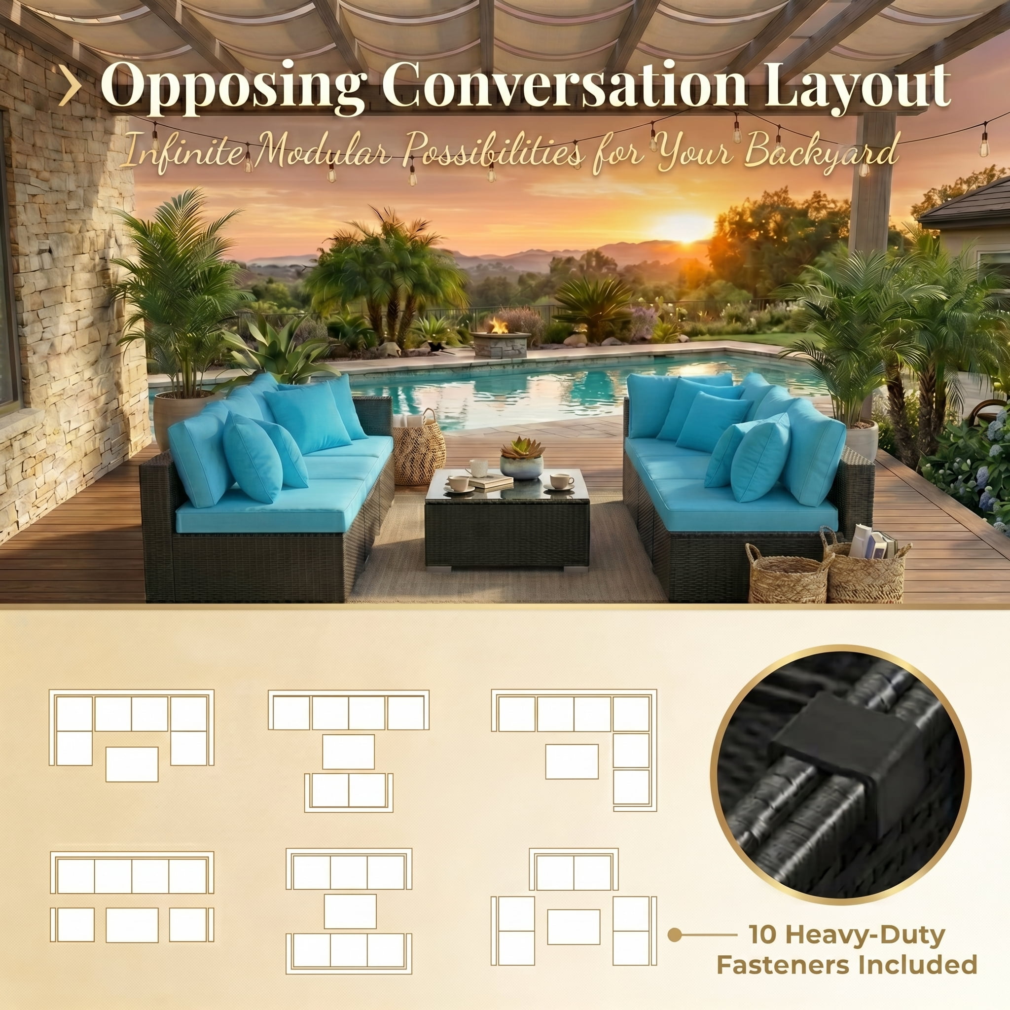 Howcool 7-Piece Modular Outdoor Patio Furniture Set with Cushions and Tempered Glass Table