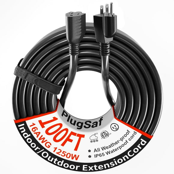 PlugSaf 16 Gauge 100 FT Extension Cord Outdoor Waterproof, 16/3 SJTW Cold Weatherproof -58°F, Flame Retardant, Flexible 3 Prong Black Electric Cord Outside,10A 12