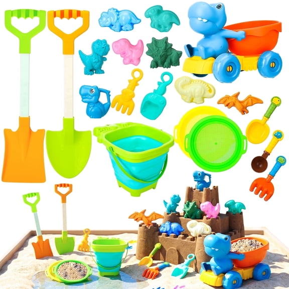 sixwipe 20 Pcs Beach Toy Set with Storage Bag & Dinosaur Toys, Plastic Sand Play Kit with Sifter Shovels and Folding Bucket, Sandbox Toys for Garden Pool Beach Fun