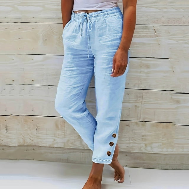 AherBiu Linen Pants Women Drawstring Middle-Waisted Trousers Summer Button Casual Pant with Pockets