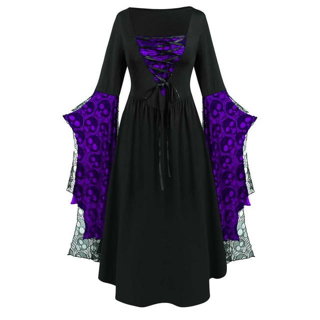 Robe pour Femmes Imprimé Dentelle Crâne Manches Longues Col Carré Mode