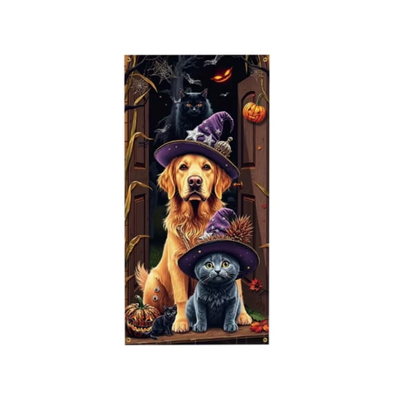 Lilixerw Halloween Door Banner, Golden Retriever Cat Witch Hat Pumpkin Spider Web Bat Print, for Entry Door, Wall, Porch and Party Backdrop Decoration, 70.8x35.4 inch