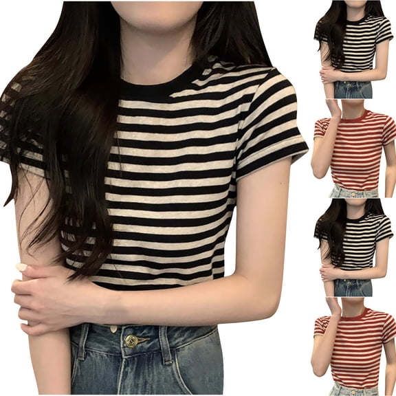 Ichuanyi Womens Short Sleeve Striped Casual Shirt Round Neck Classic Top, Fashion Relaxed Fit Tee, Black, M