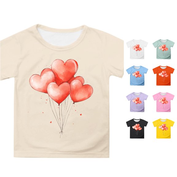 Toddler Girls Tops Summer Short Sleeve Cute Cartoon Heart Balloon Print Casual Top Size 1-2T ,Beige