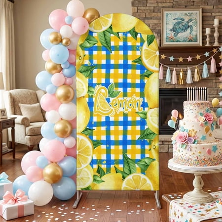Summer Fruit Arch Backdrop Covers 6 FT Watercolor Lemon Frame Letter Print Blue Yellow Plaid Stretchy Fitted Arched Stand Covers Party Arch Stand Cover Photo Booth for Wedding Birthday Decor