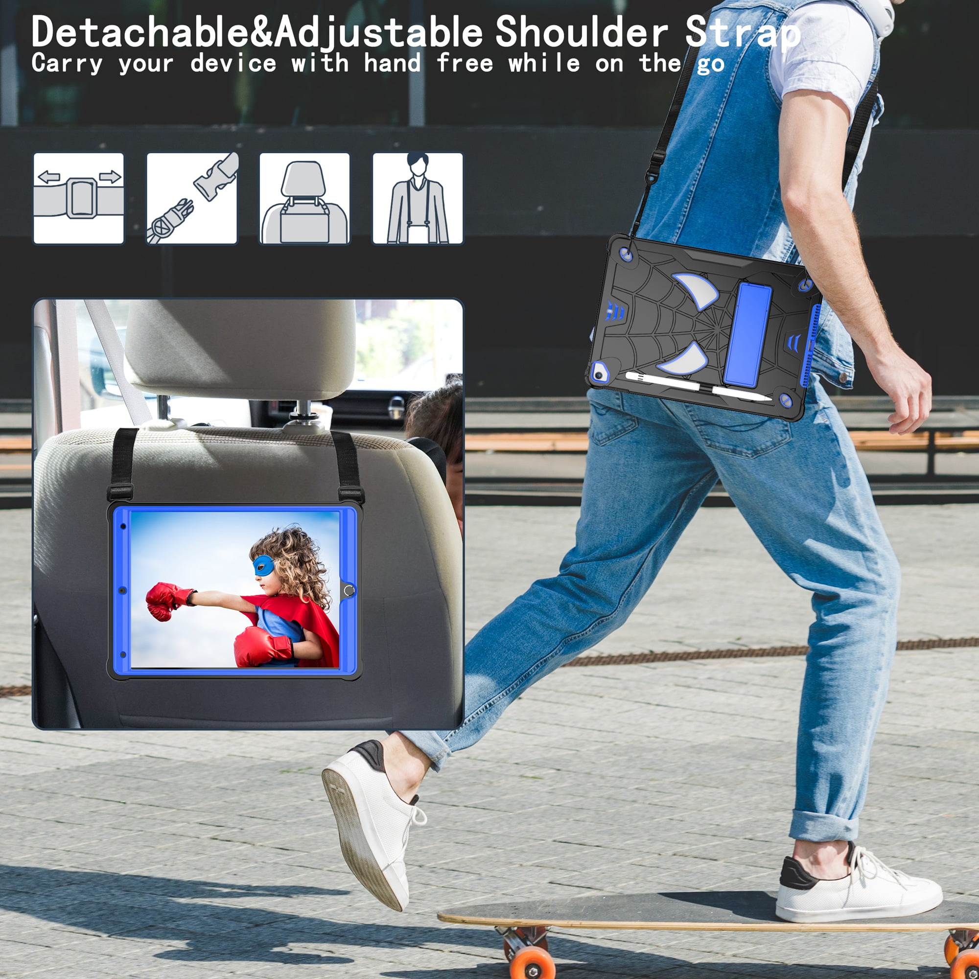 ELEHOLD Kids Case for iPad 9th/8th/7th Gen 10.2" 2021/2020/2019, Heavy Duty Rugged Cover with Foldable Kickstand Crossbody Shoulder Strap Pencil Holder Shockproof Case for iPad 10.2",Black+Blue