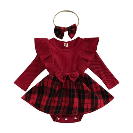 

Infant Baby Girl Christmas Outfit Red Plaid Dress Ribbed Ruffle Romper Princess Tutu Dress Xmas Clothes