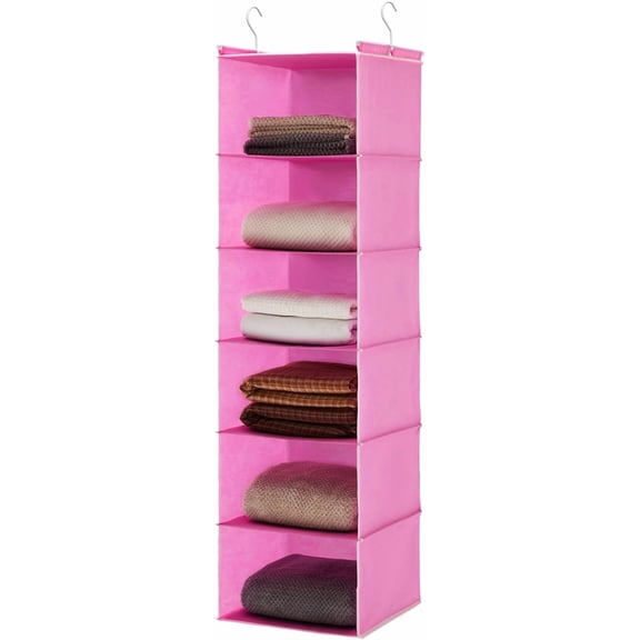MAX Houser 6-Shelf Hanging Closet Organizer, Hanging Storage Shelves with 2 Sturdy Hooks Space-Saving for Bedroom, Foldable (Pink)