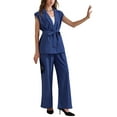 thumbnail image 4 of INSPIRE CHIC Women's Summer 2 Piece Outfits Cap Sleeve Work Casual Wide Leg Pant Sets L Navy Blue, 4 of 6